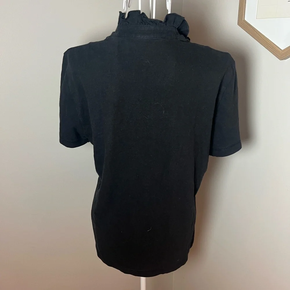 Tory Burch Black Emily Ruffle Polo Size L Pima Cotton Old Money Quiet Luxury - Picture 3 of 5